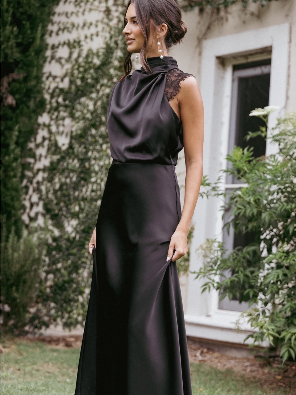 Petal & Pup Black Satin Maxi Skirt with Lace Trim